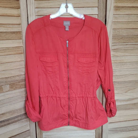 Chico's Orange/Red Utility Jacket with draw strign and Roll-Up Sleeves Sz 1 - Picture 1 of 12